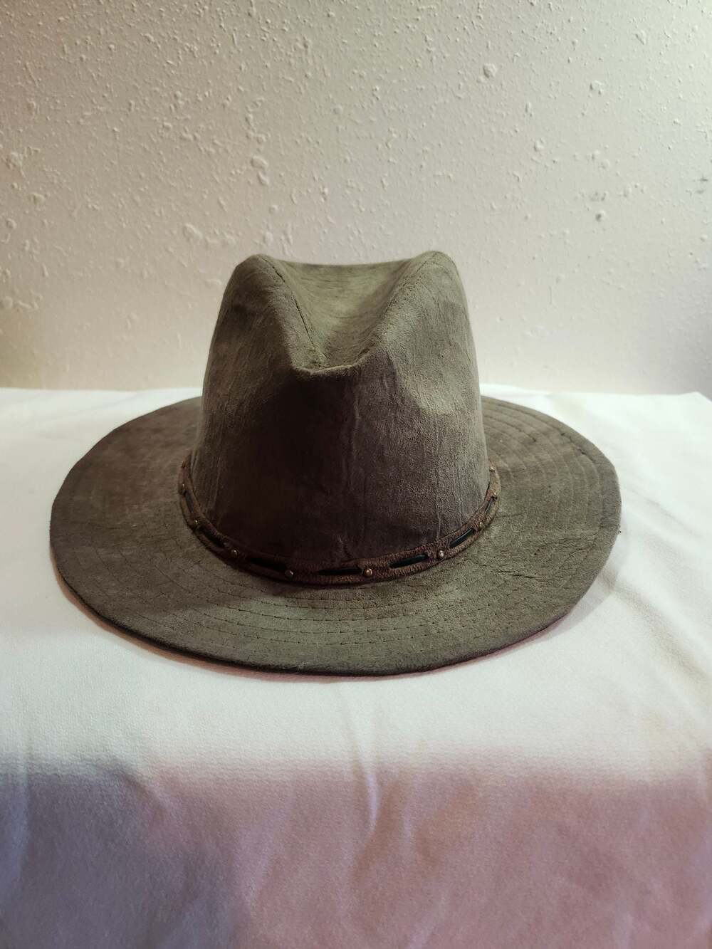 Scala Pronto Brown Faux Suede Fedora Hat with Studded Trim and Paisley Lining